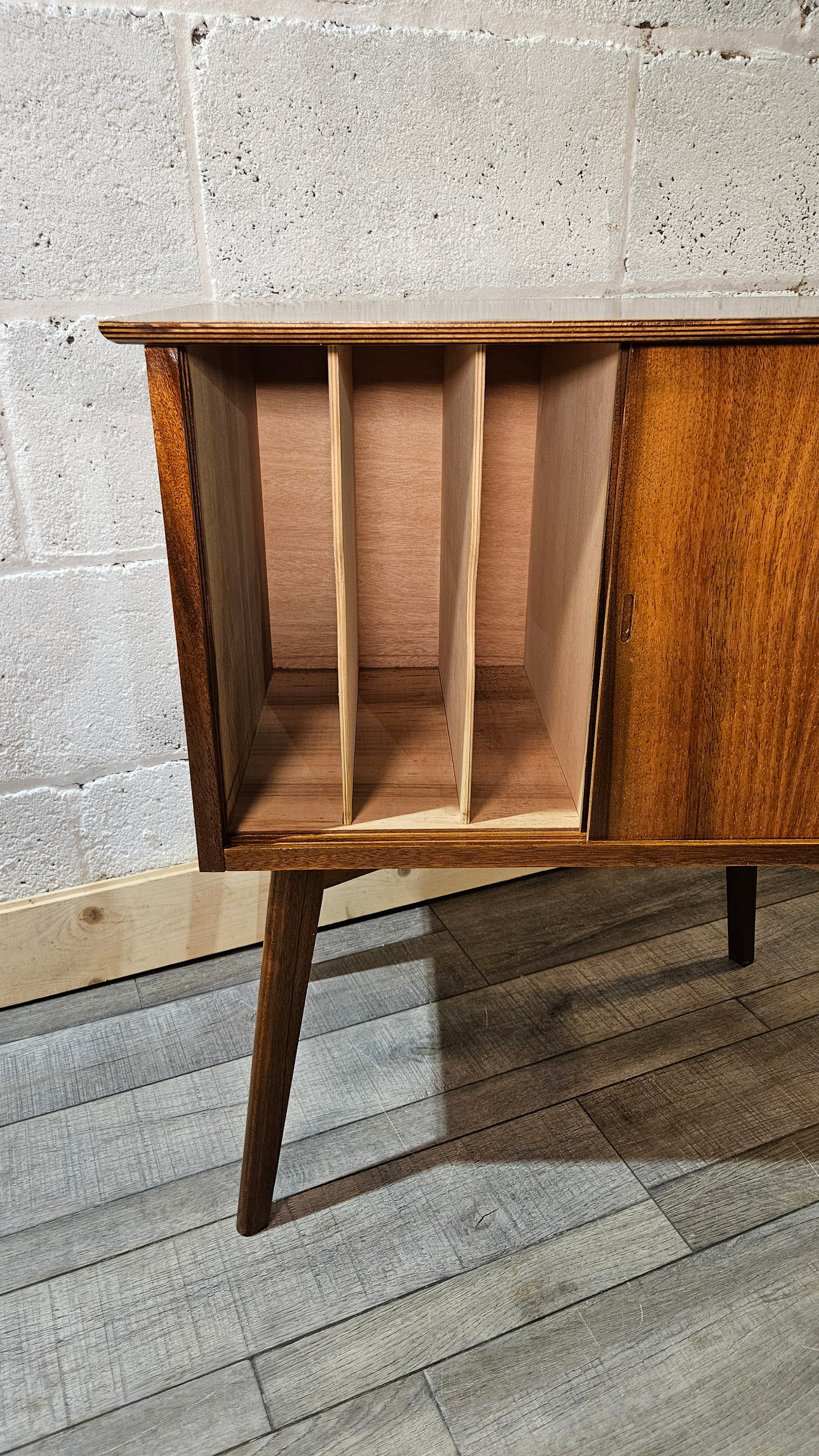 Mid Century, Walnut Finished, Vinyl Storage Unit.