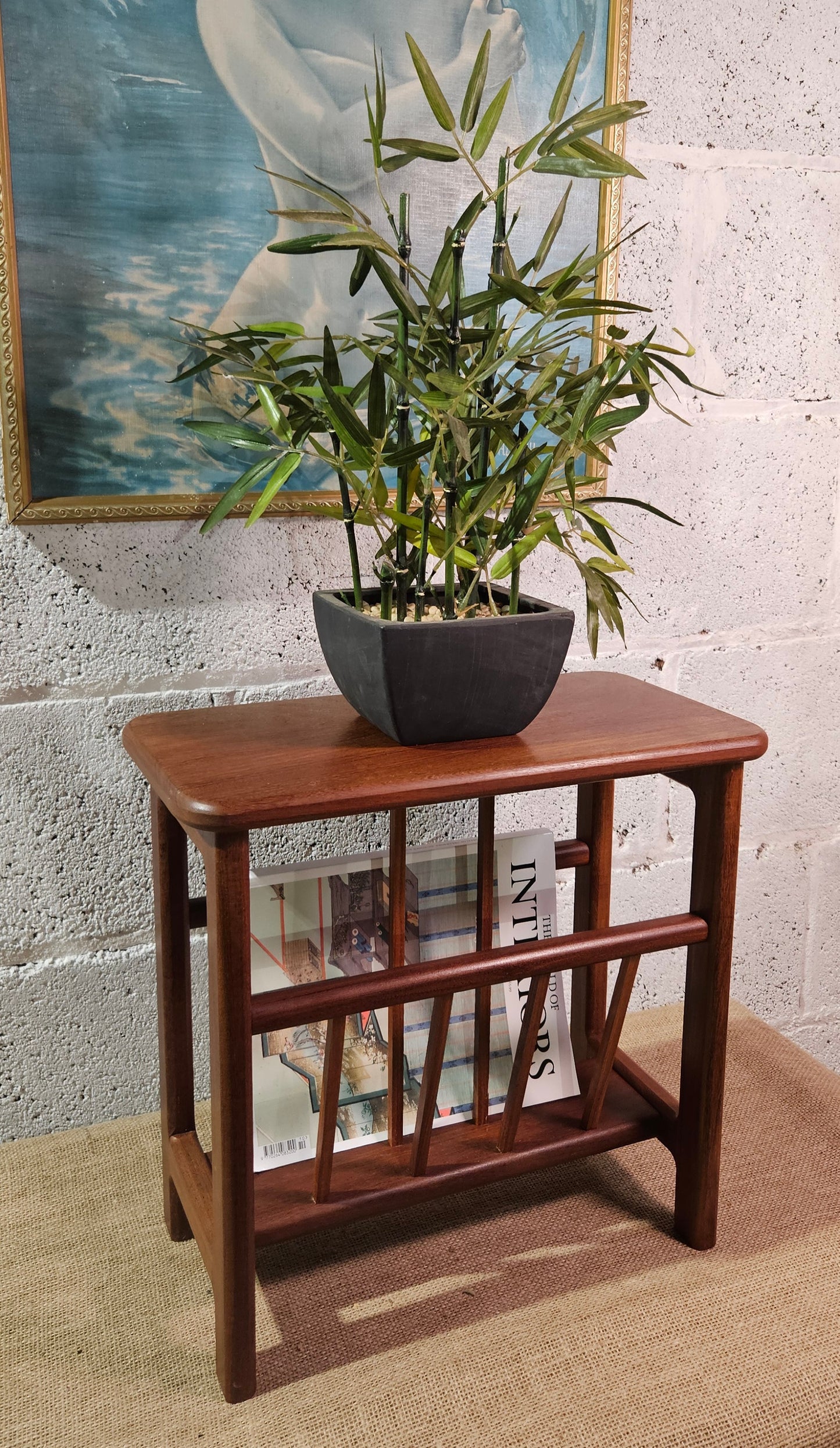 Teak magazine rack side table.