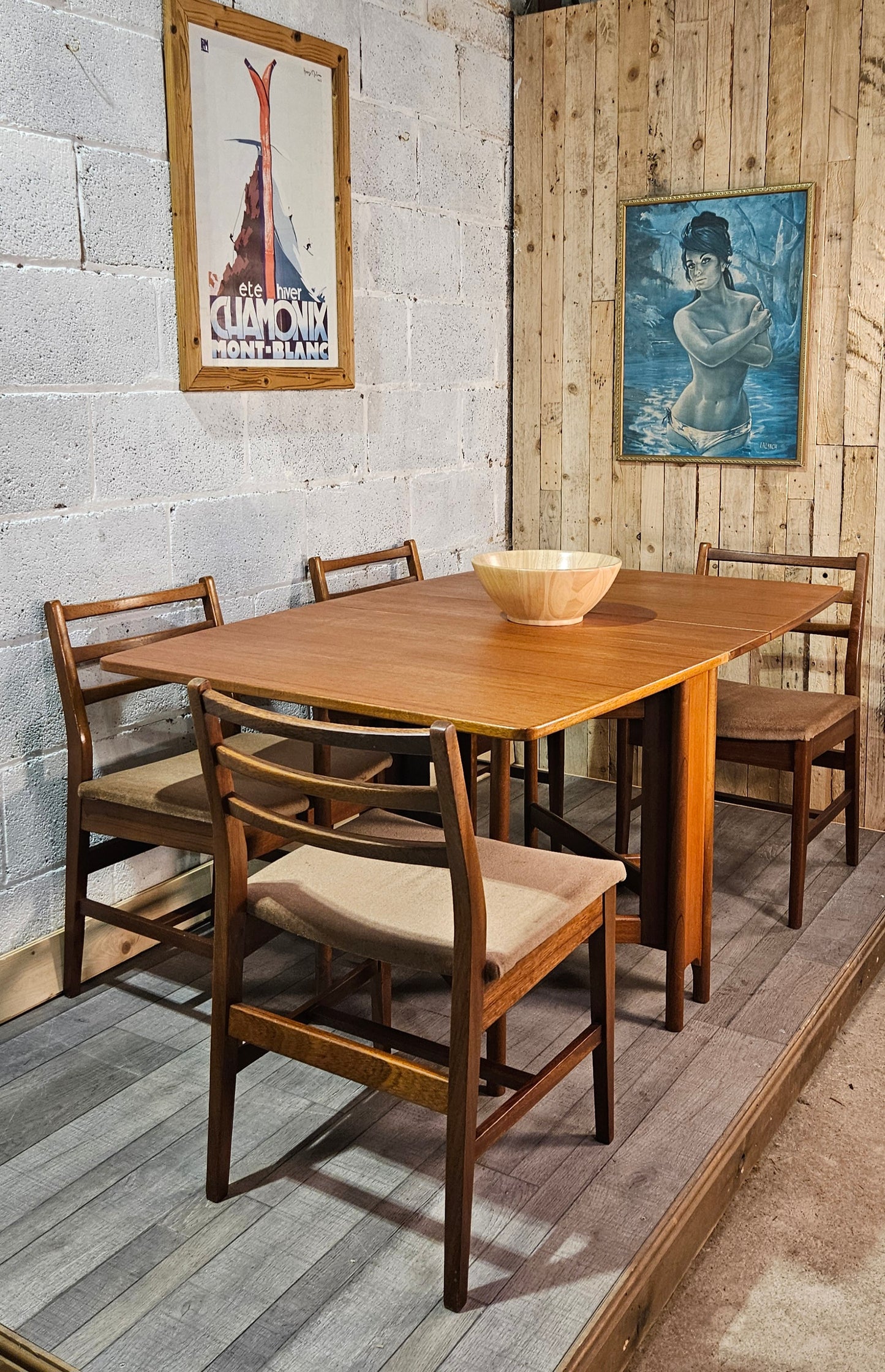 Mid century teak McIntosh drop leaf table and 4 teak chairs.