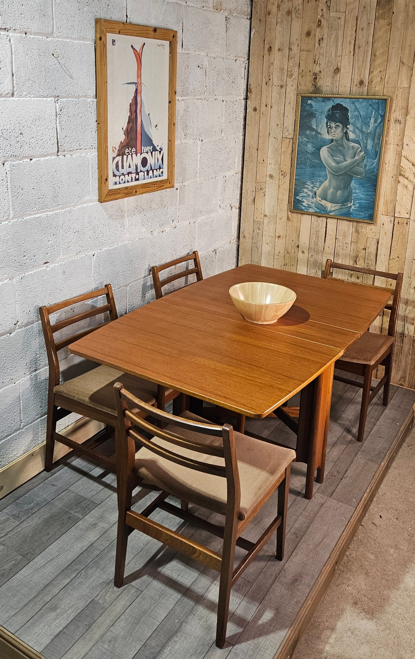 Mid century teak McIntosh drop leaf table and 4 teak chairs.